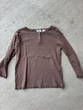 Zara Brown Long-Sleeve Henley Top with Ruffle Edges